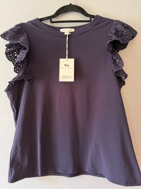 Free Assembly Navy Eyelet Ruffle Tank